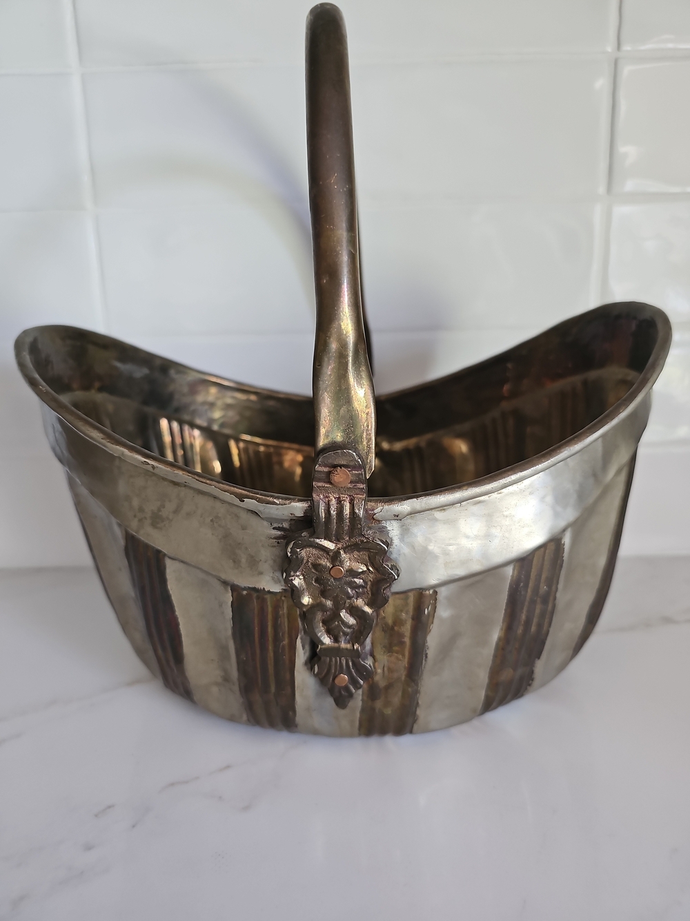 Vintage Hammered Metal Fireplace Coal Scuttle Bucket with Ornate Acanthus Leaf
